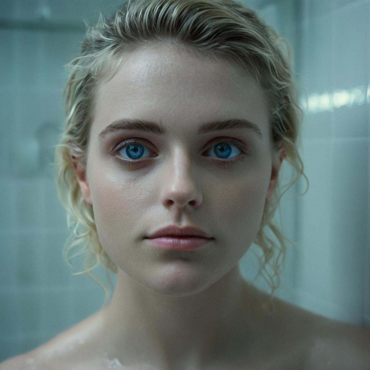 cinematic film still of very big reflective perfect blue eyes Kodak VISION3 250D Film Grain a closeup of a naked pretty bl...