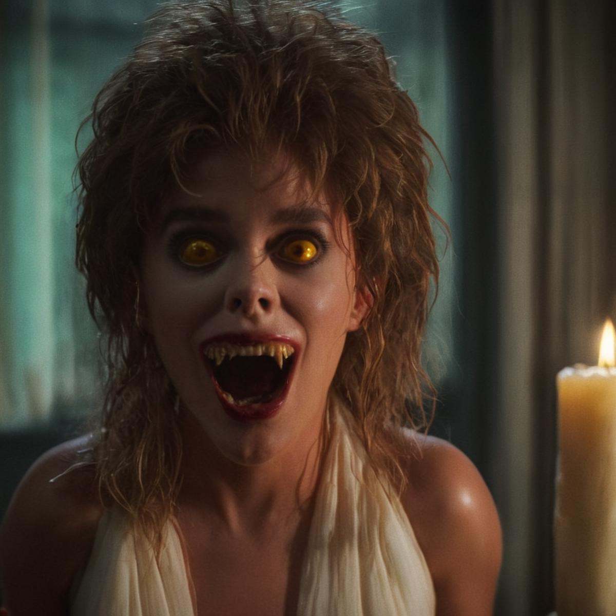 cinematic film still of very big eyes Amy PetersonIn perfect eye style a photo of a Yellow redishsclera eyes of a woman wi...