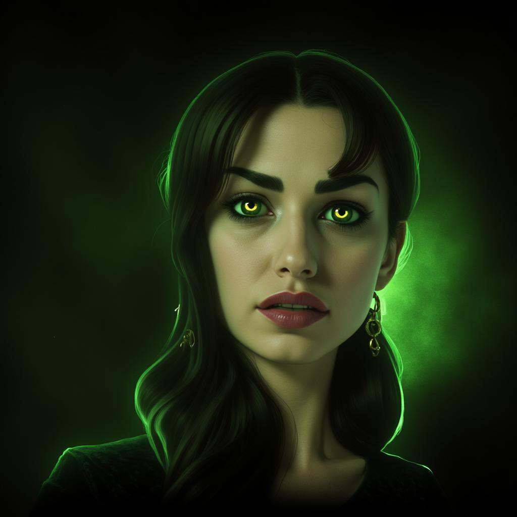 cinematic film still of In perfect eye style a photo of a Green sclera eyes of a woman with full green eyes and a black dr...