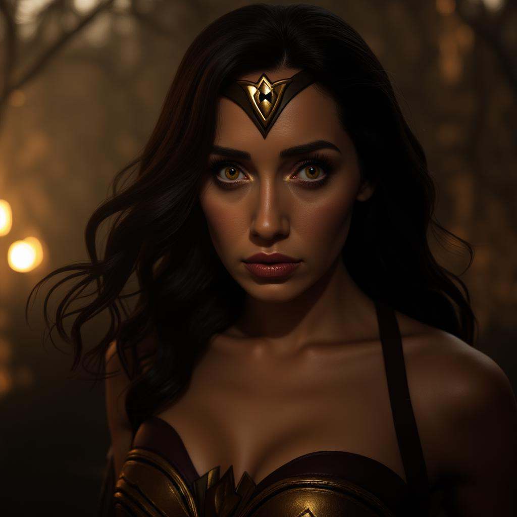 cinematic film still of In perfect eye style a photo of a wonderwoman staring at camera with a golden sclera eyes,  shallo...