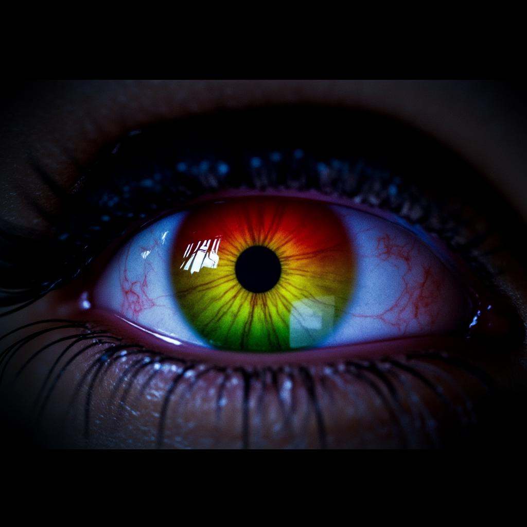 cinematic film still of In perfect eye style a photo of a rainbow sclera eyes of a close up of a person's eye with a rainb...