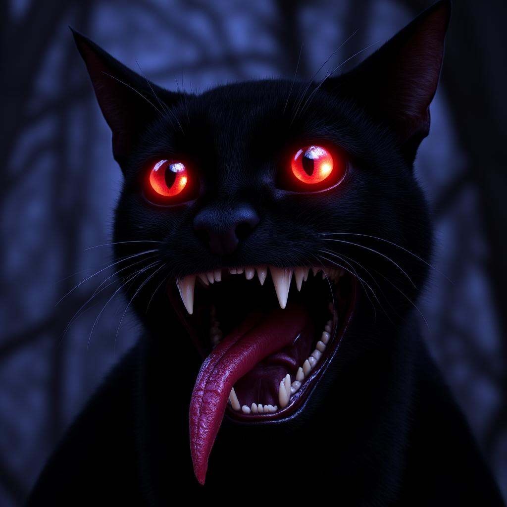 cinematic film still of In perfect eye style a photo of a Glowing sclera eyes of a demonic cat with glowing eyes and a lar...