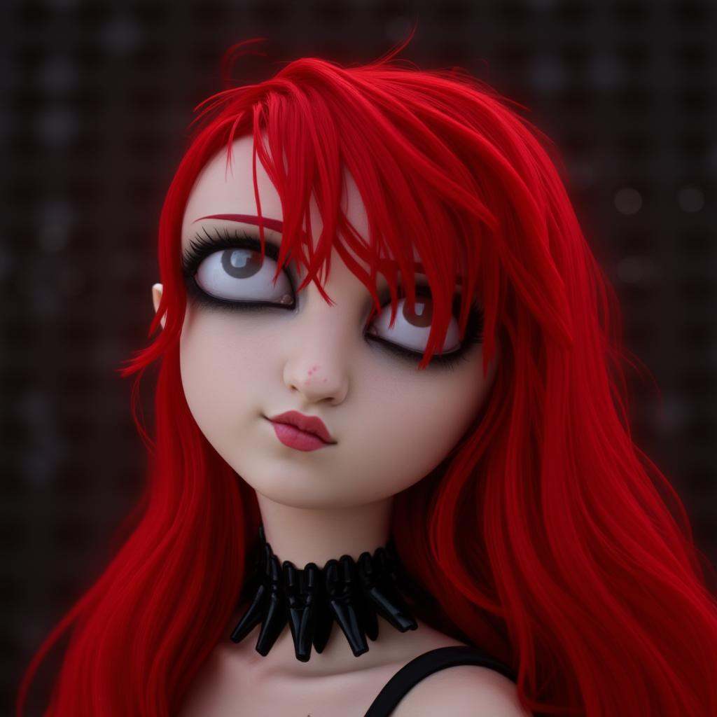 cinematic film still of In perfect eye style a photo of a FX sclera eyes of a cute woman with red hair and a black choke a...