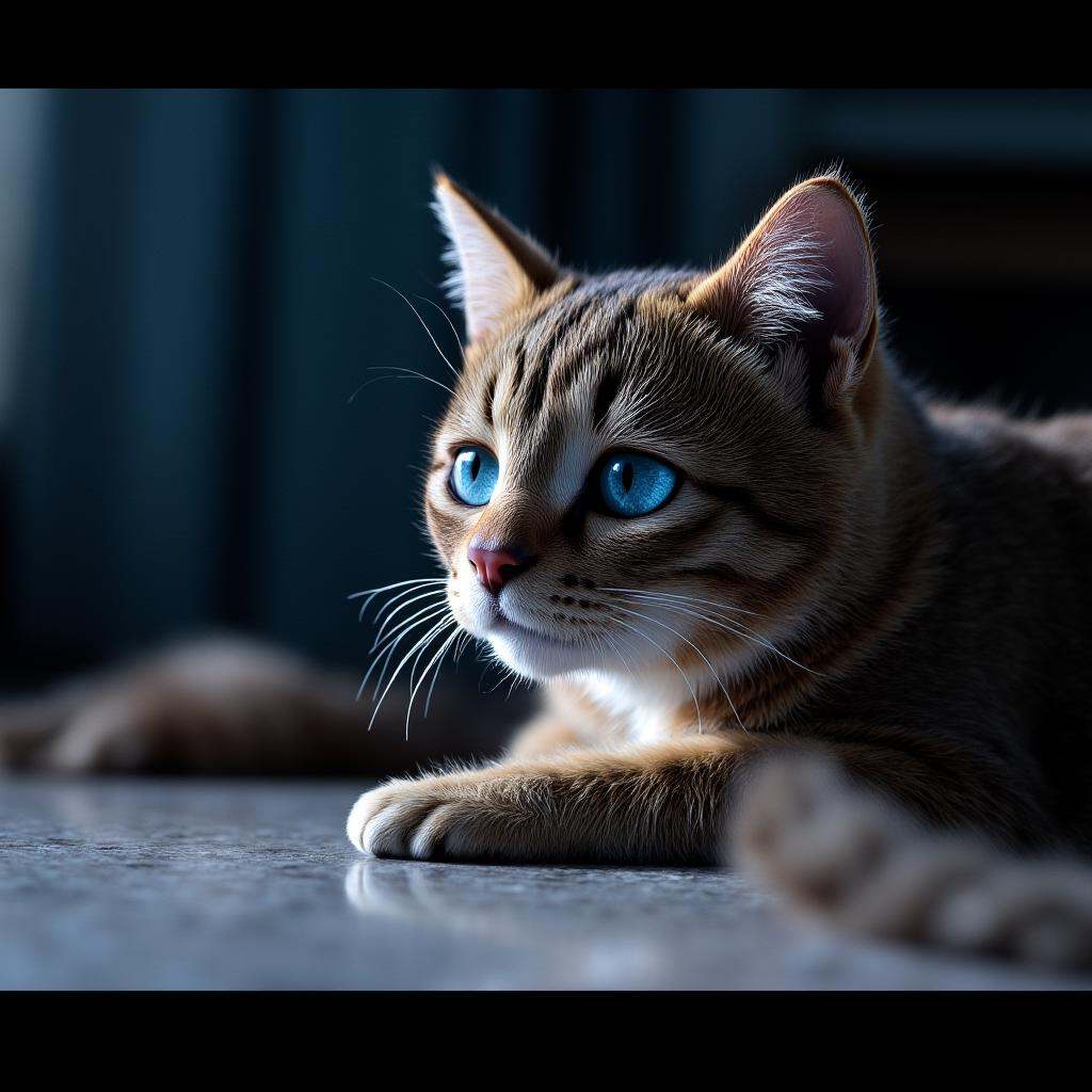 cinematic film still of In perfect eye style a photo of a cat sclera eyes of a cat with blue eyes laying on the floor,  sh...