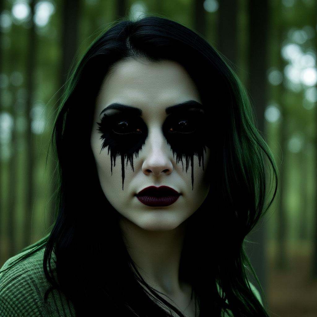 cinematic film still of In perfect eye style a photo of a Black sclera eyes of a woman with a creepy look on her face and...