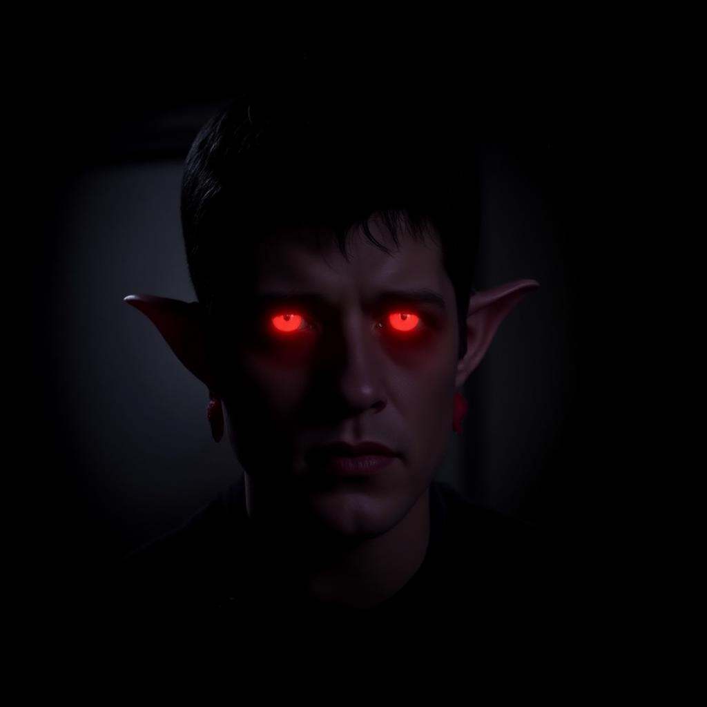 cinematic film still of In perfect eye style a photo of a red sclera eyes of a vampire man with full red eyes and a dark b...