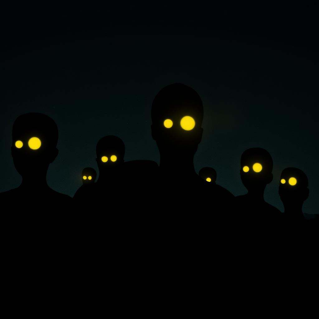 cinematic film still of In perfect eye style a photo of a Glowing sclera eyes of a group of zombie walkers people with glo...