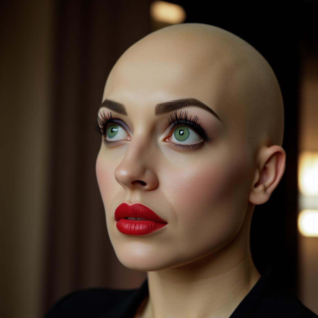 cinematic film still of In perfect eye style a photo of a Normal sclera eyes of a woman with a bald head and a red lip loo...