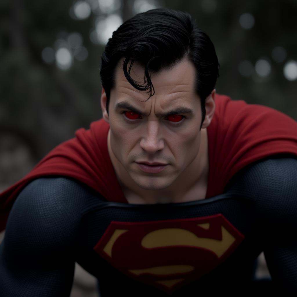 cinematic film still of In perfect eye style a photo of a superman staring at camera with a red sclera eyes,  shallow dept...