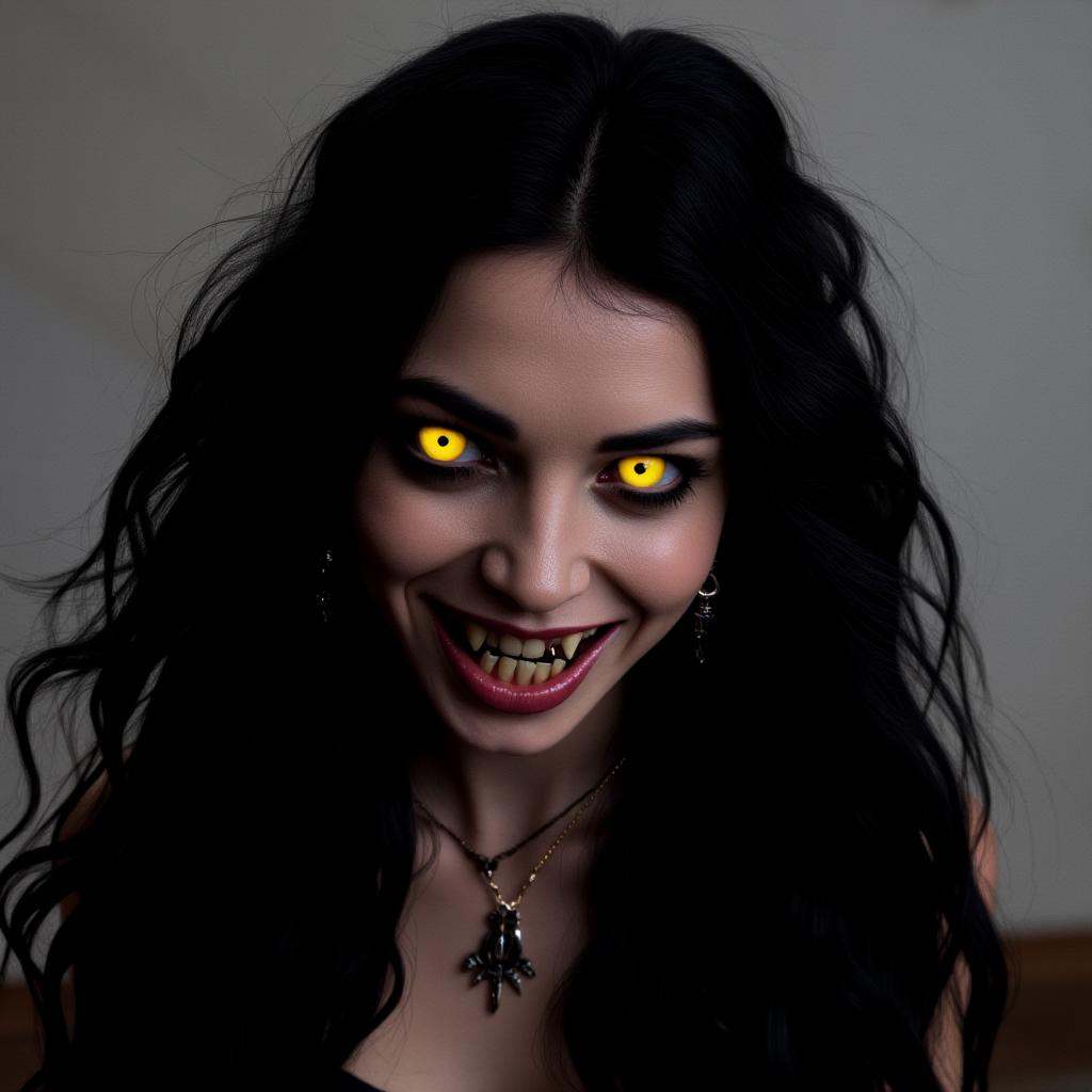 cinematic film still of In perfect eye style a photo of a Different sclera eyes of a woman with long hair and yellow drago...