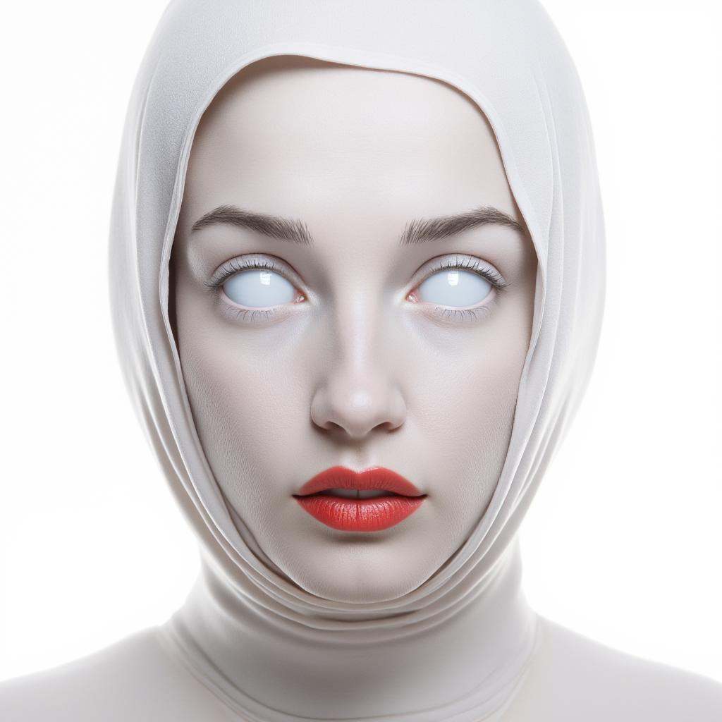 cinematic film still of In perfect eye style a photo of a White sclera eyes of a overexposed white face blind woman with a...