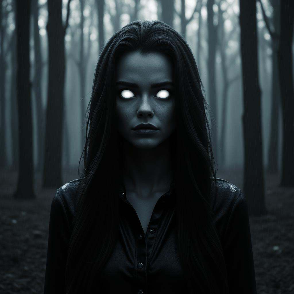 cinematic film still of In perfect eye style a photo of a White sclera eyes of a wicked woman with long hair standing in a...