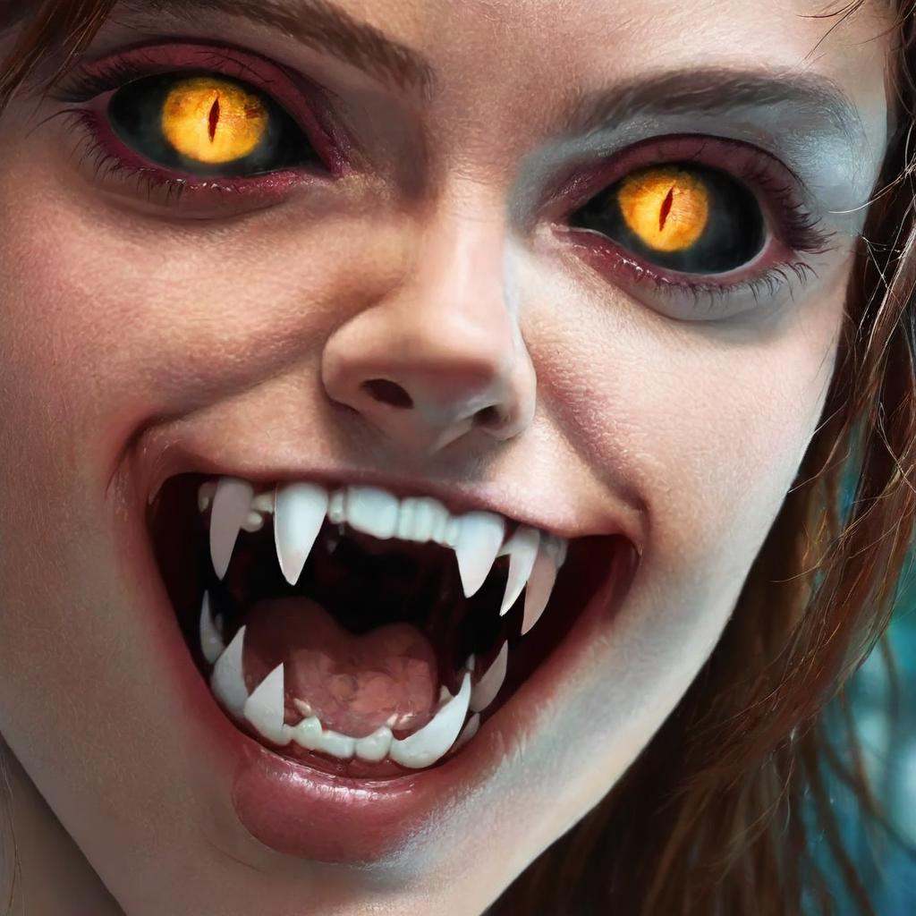 anime artwork of In perfect eye style a photo of a Yellow sclera eyes of a creepy monster woman with long red hair and a c...