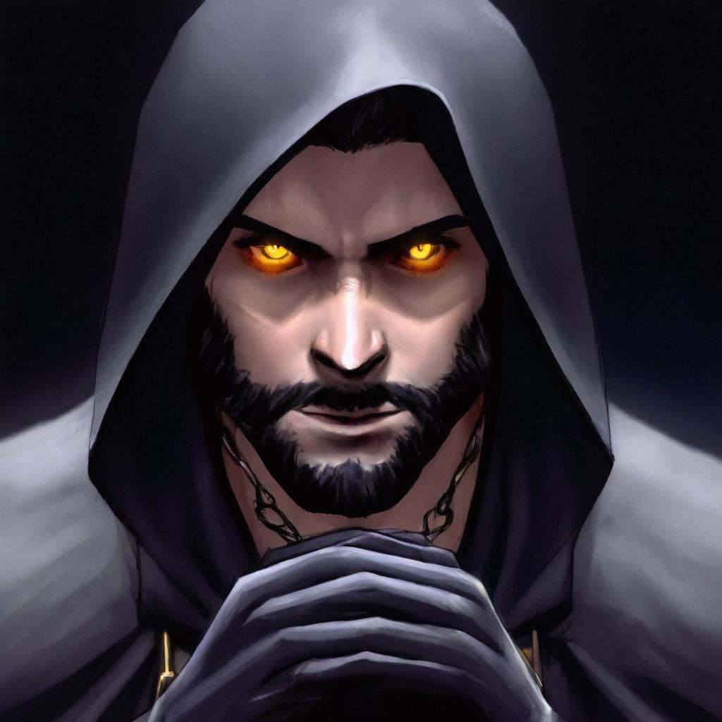 anime artwork of The Witcher In perfect eye style a photo of a Yellow glowing sclera eyes of a man with a hooded over his...