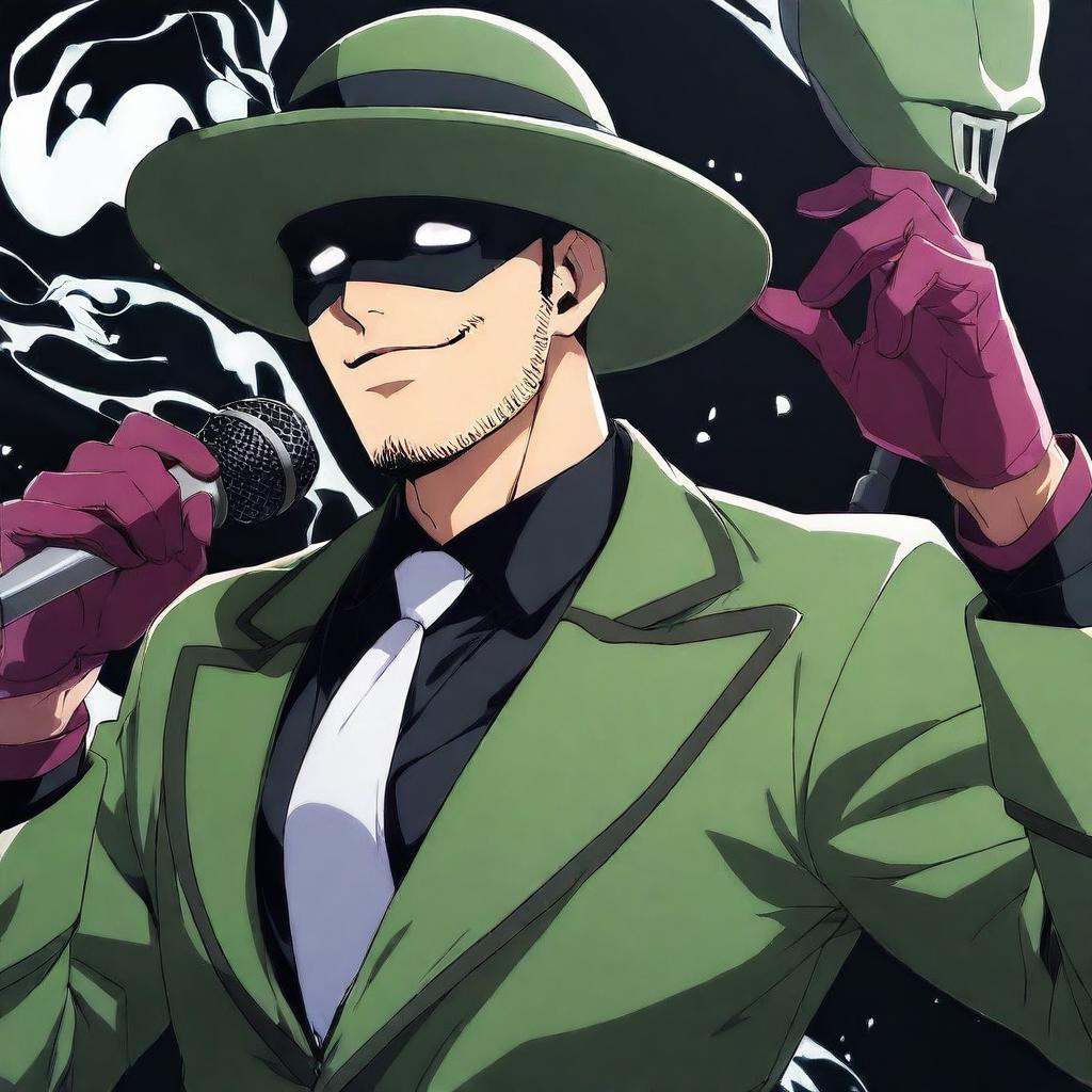 anime artwork of In perfect eye style a photo of a White sclera eyes of The riddler a man in a green suit and purple glove...