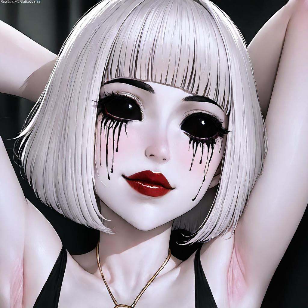 anime artwork of In perfect eye style a photo of a Black sclera eyes of a woman with a creepy make up and a black dress,...