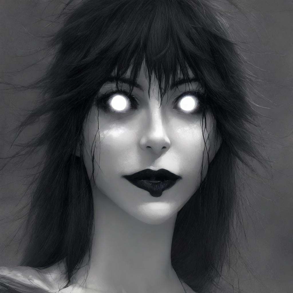 anime artwork of In perfect eye style a photo of a White sclera eyes of a witch woman with white eyes and a creepy look,...