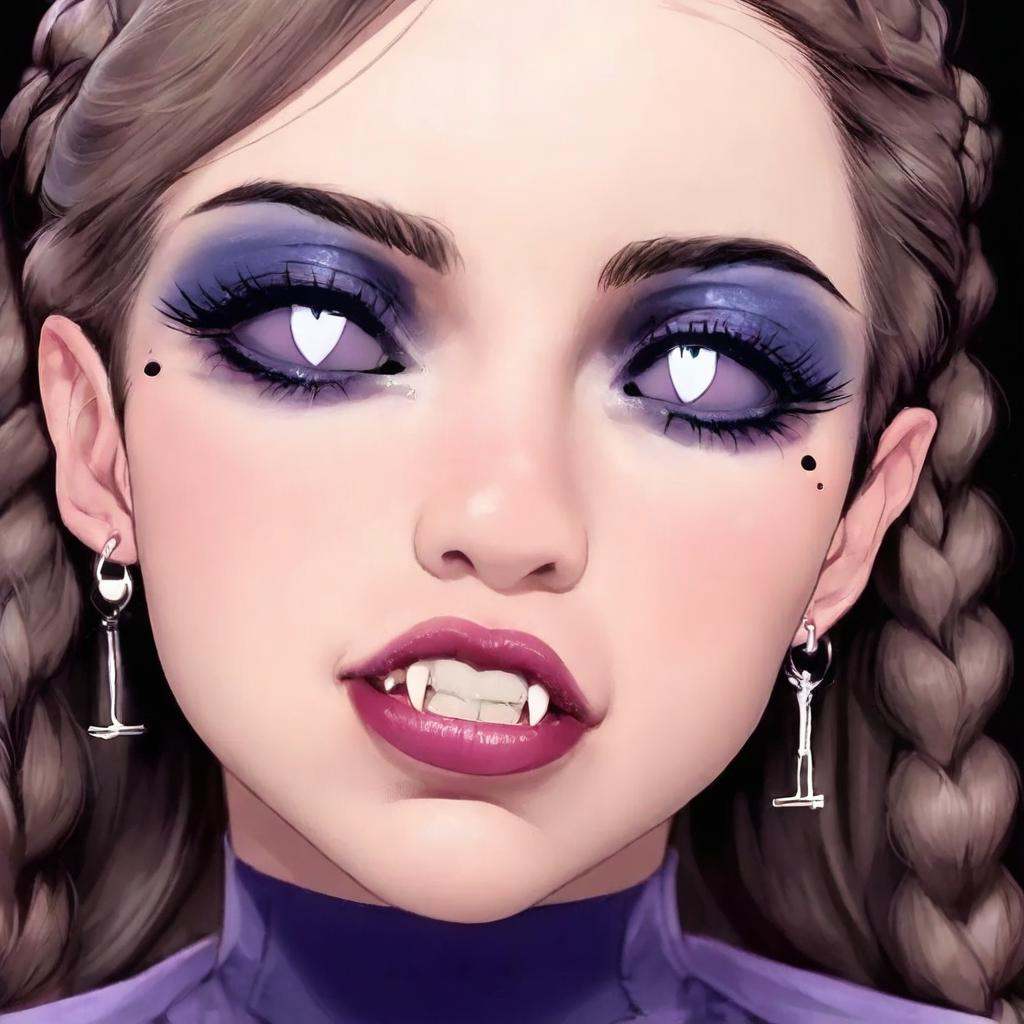 anime artwork of In perfect eye style a photo of a Purple sclera eyes of a vampire fangs woman with a very big smile on he...