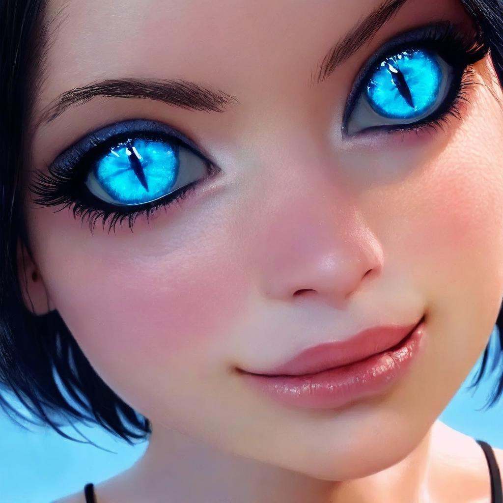 anime artwork of In perfect eye style a photo of a Blue sclera eyes of a woman with blue eyes is taking a selfie,  sharp,...