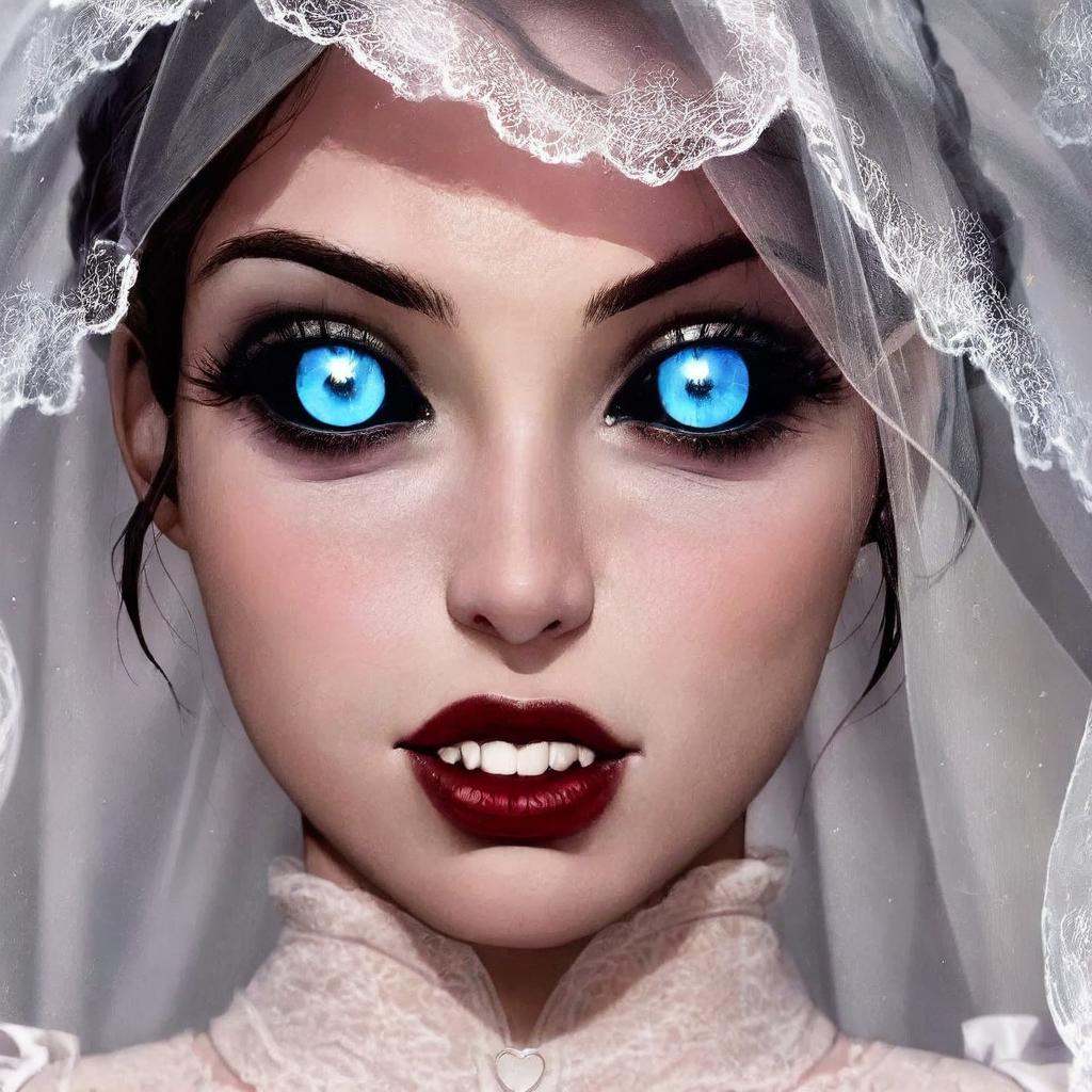 anime artwork of In perfect eye style a photo of a Blue sclera eyes of a woman with a white hat and a white dress,  sharp,...