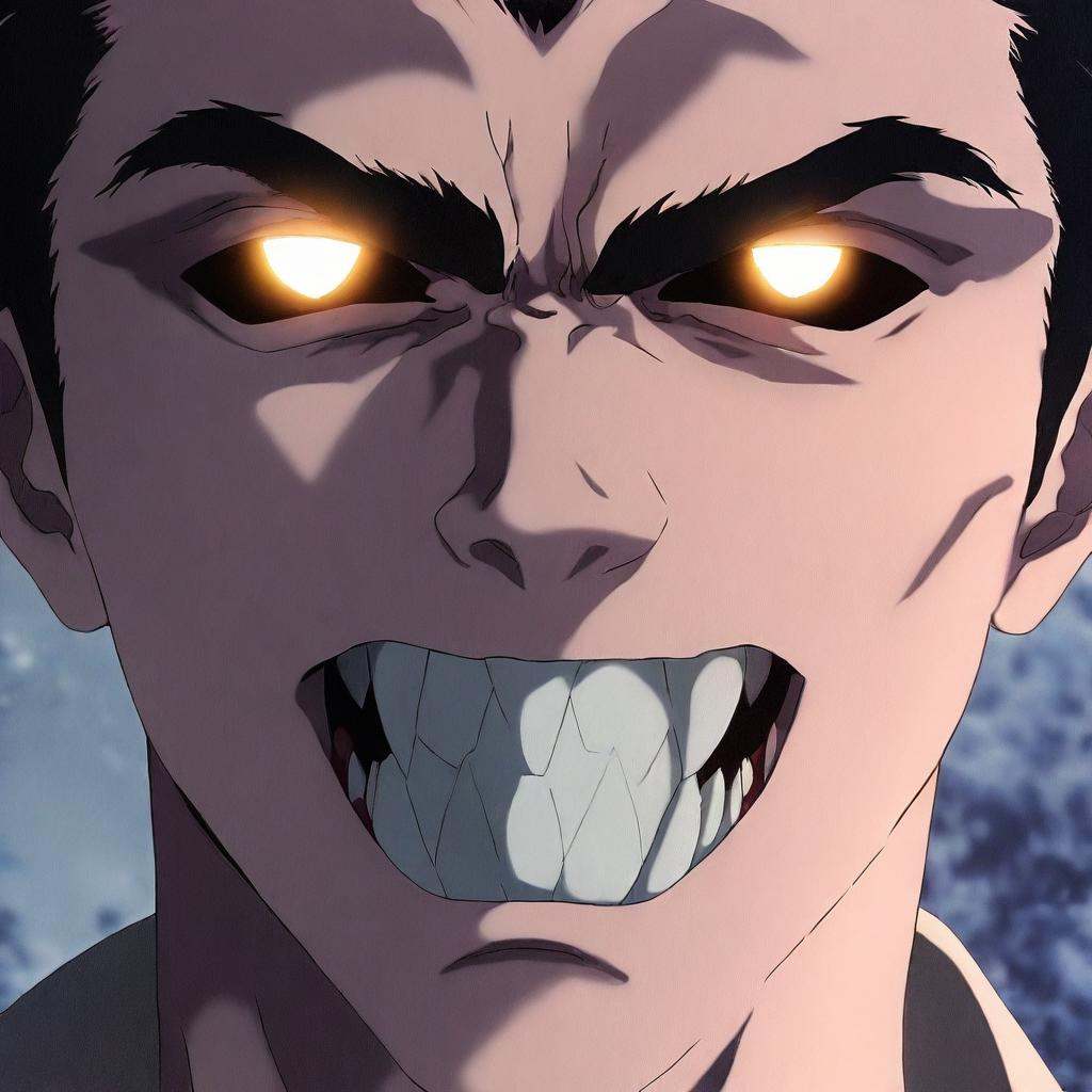 anime artwork of In perfect eye style a photo of a Black sclera eyes of a close up of a creepy cartoon person with a evil...