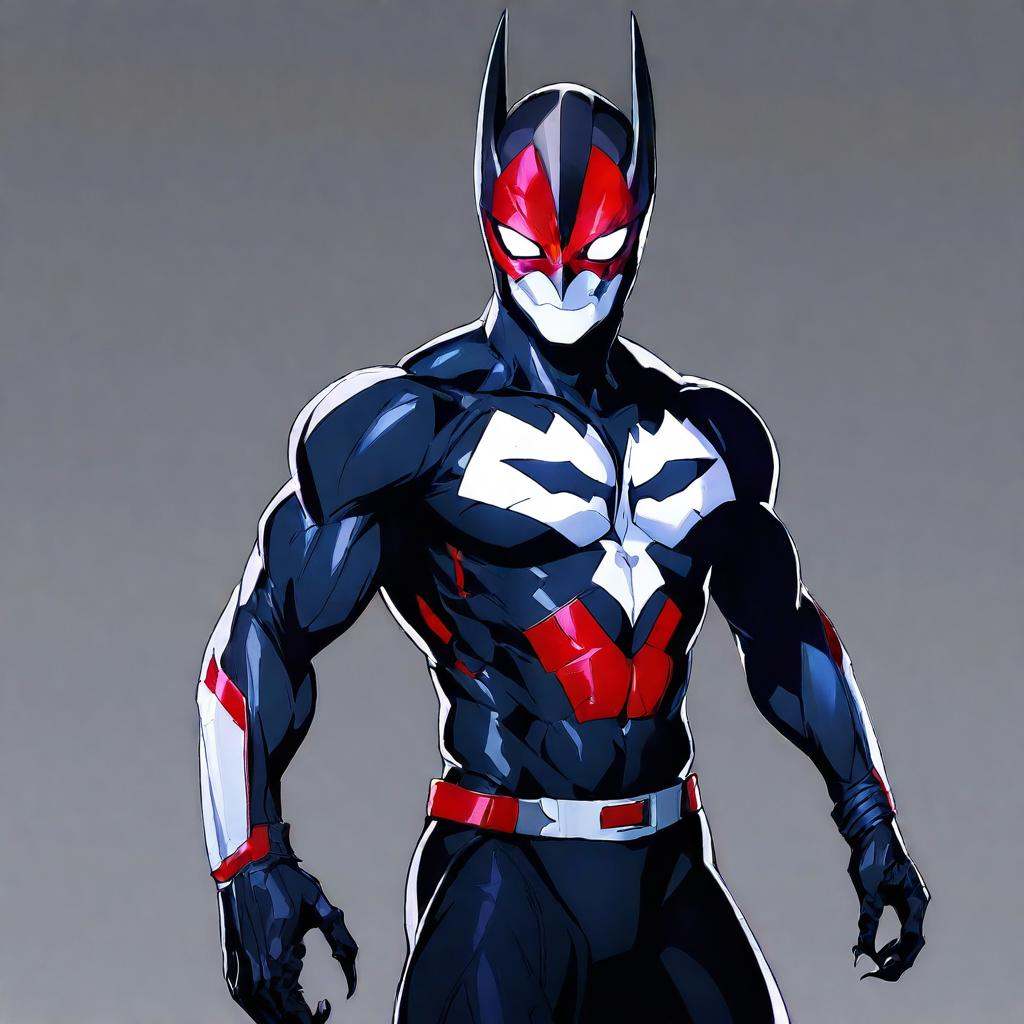 anime artwork of In perfect eye style a photo of a White sclera eyes of a man in a red and black ****** cyborg costume,  s...
