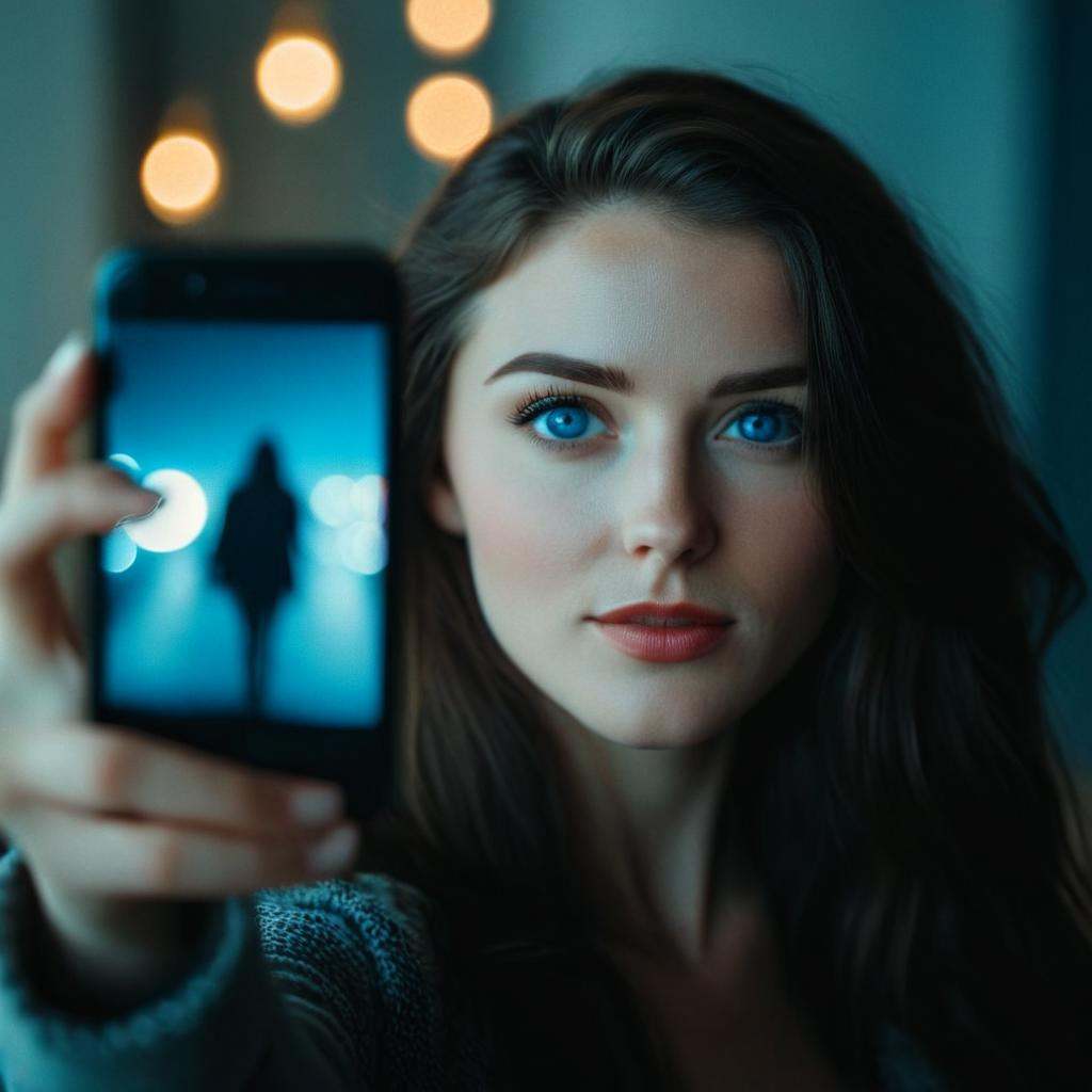cinematic film still of a woman with blue eyes is taking a selfie,  shallow depth of field,  vignette on Tensor.Art