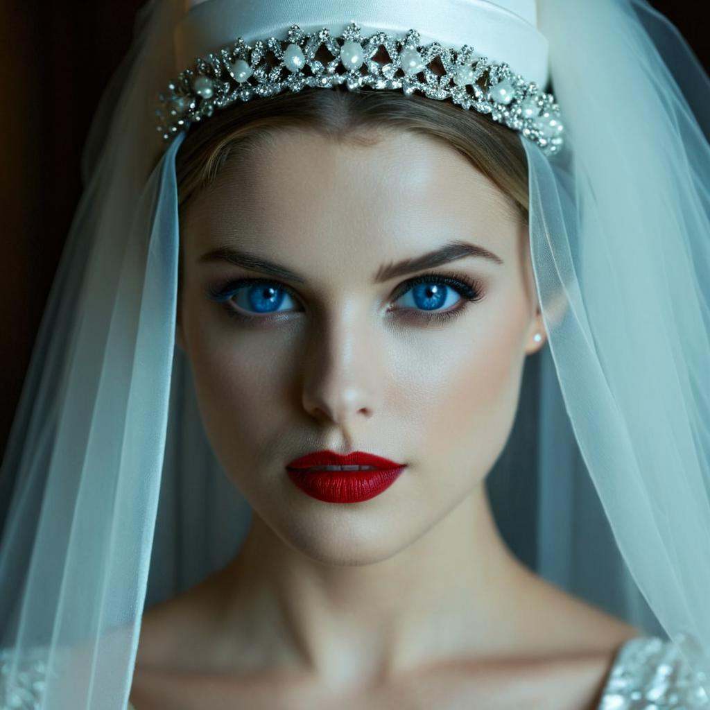 cinematic film still of In perfect eye style a photo of a Blue sclera eyes of a woman with a white wedding hat and a white...