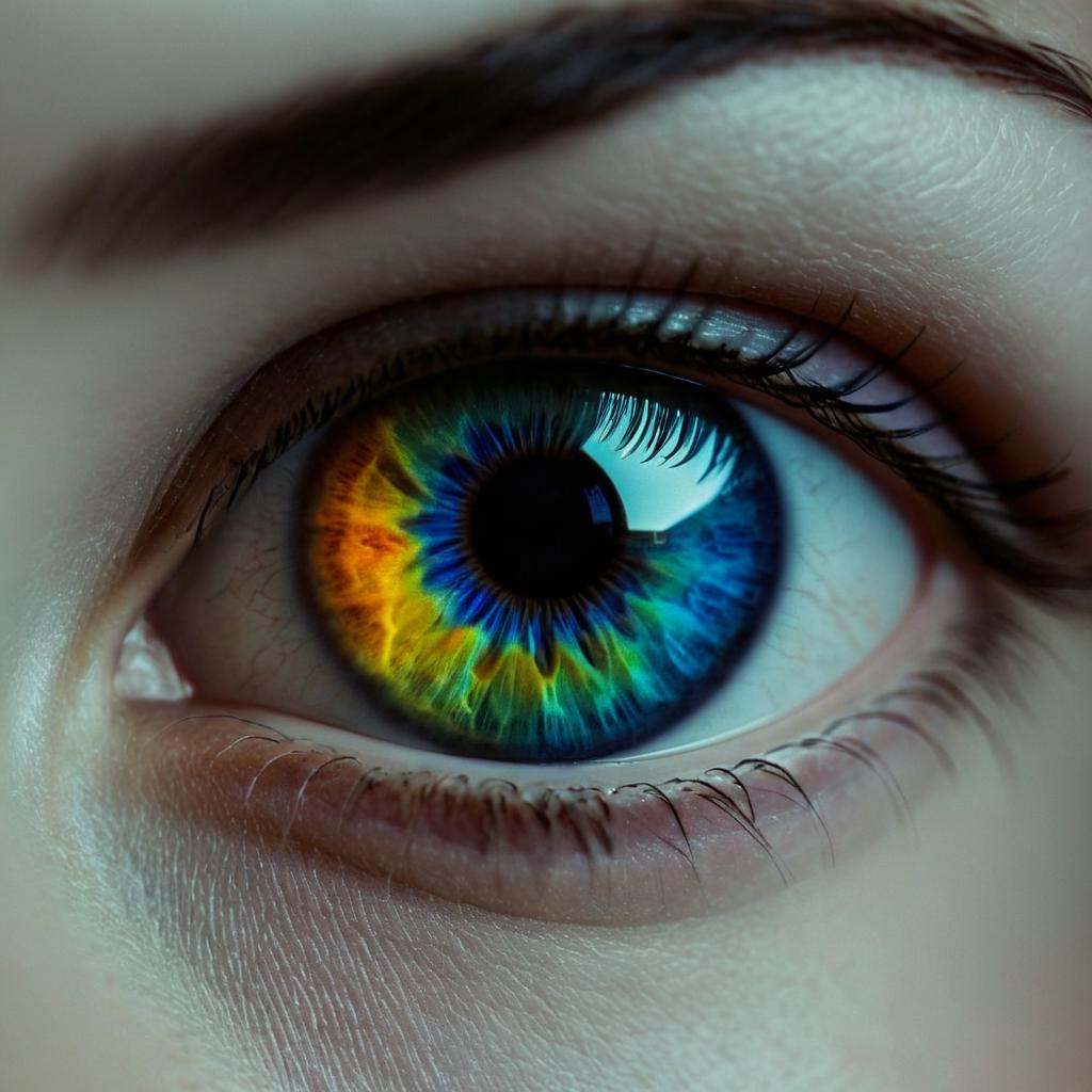 cinematic film still of a close up of a person's eye with a rainbow colored iris,  shallow depth of field,  vignette on Te...
