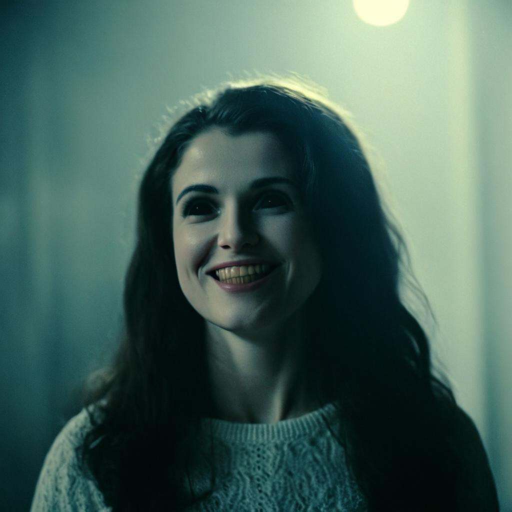 cinematic film still of a white possessed woman with a creepy face and a creepy smile and full black eyes,  shallow depth...
