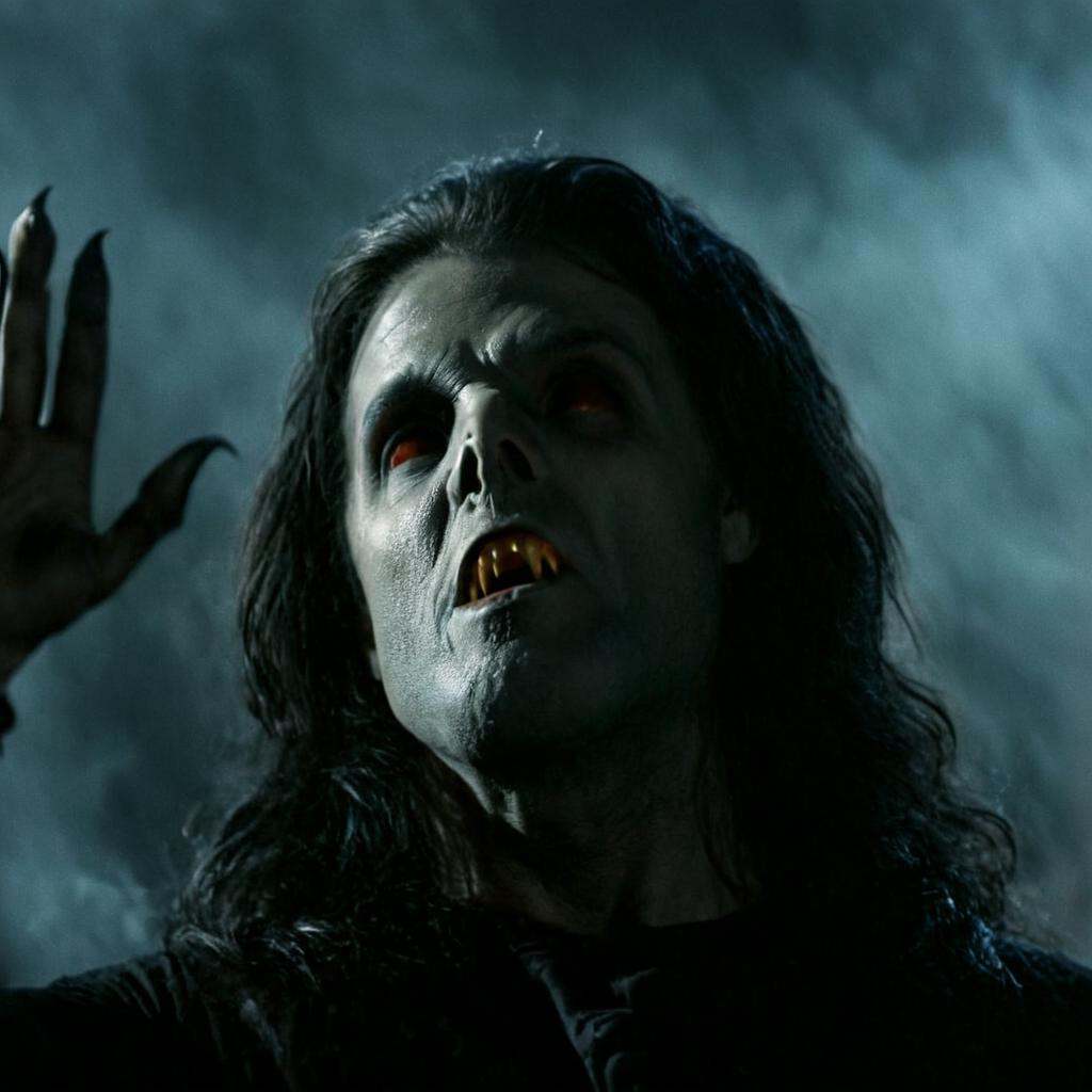 cinematic film still of In perfect eye style a photo of a Black sclera eyes of a wicked ghoul man with long hair and a bla...