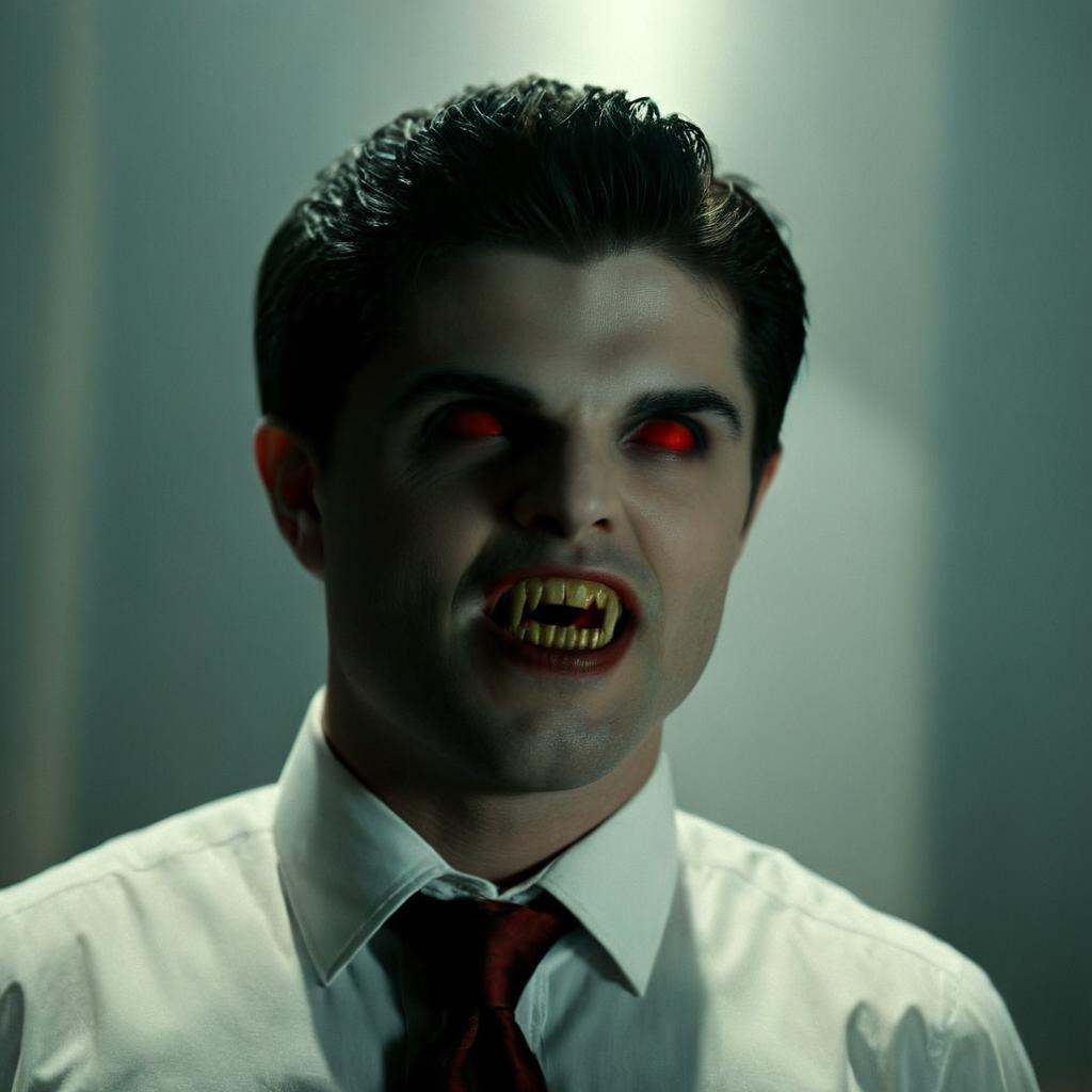 cinematic film still of In perfect eye style a photo of a Glowing sclera eyes of a vampire fangs man with red eyes and a v...