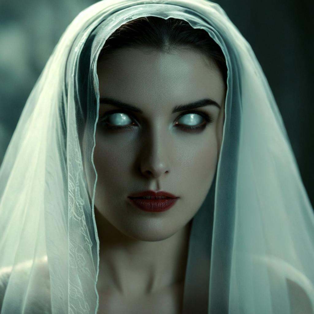 cinematic film still of In perfect eye style a photo of a White sclera eyes of a creepy woman with white makeup and a veil...