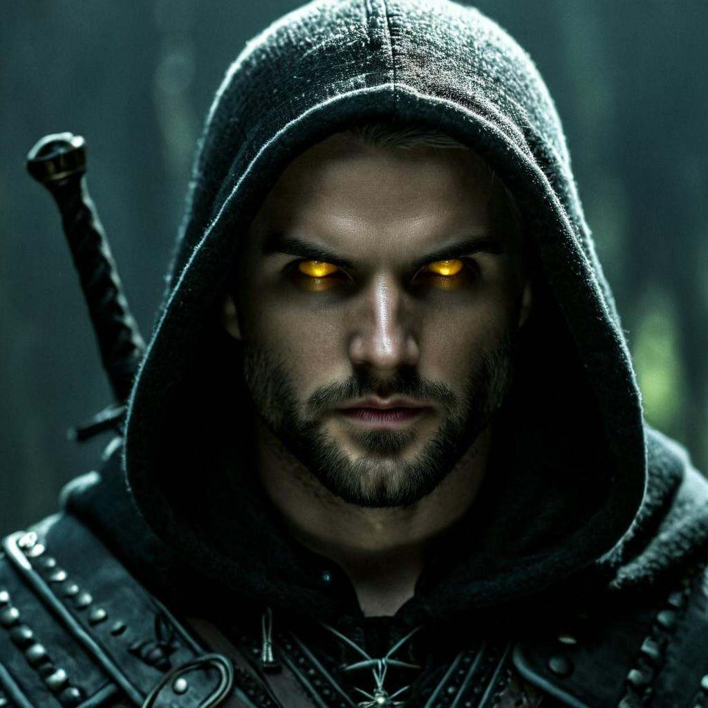 cinematic film still of closeupThe Witcher In perfect eye style a photo of a Yellow glowing sclera eyes of a man with a ho...