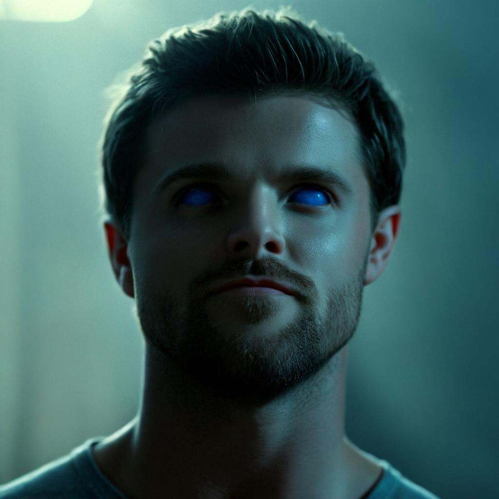 cinematic film still of Glowing sclera eyes of a angle man with blue eyes stares at the camera,  shallow depth of field,...