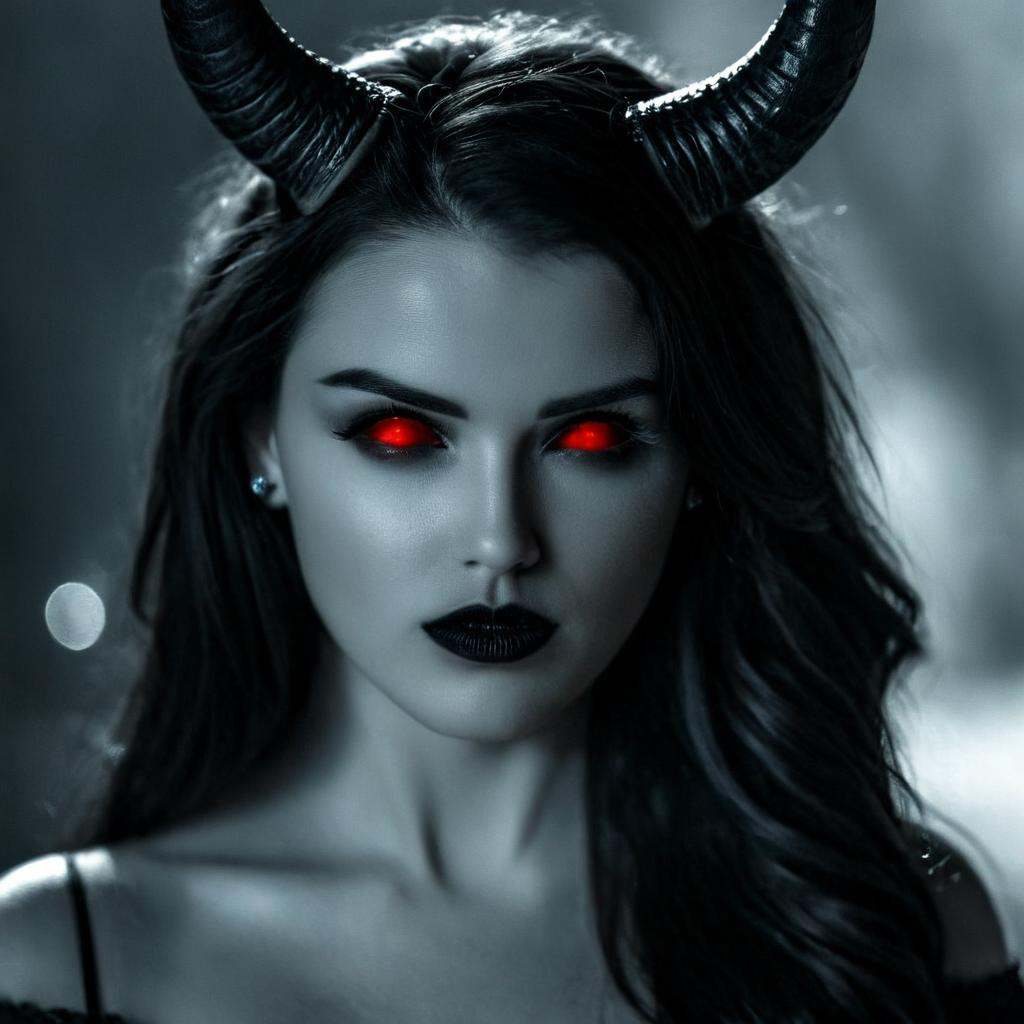cinematic film still of In perfect eye style a photo of a Glowing sclera eyes of a woman with horns and red eyes,  sharp,...