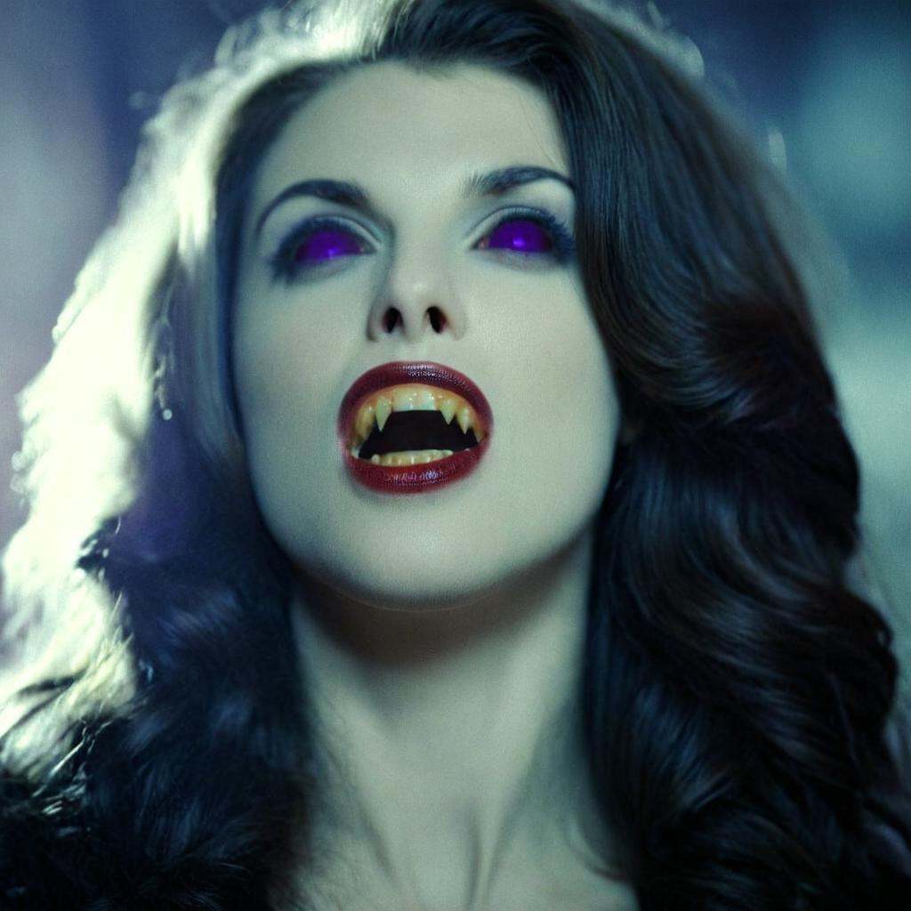 cinematic film still of In perfect eye style a photo of a Purple sclera eyes of a vampire fangs white woman with a creepy...