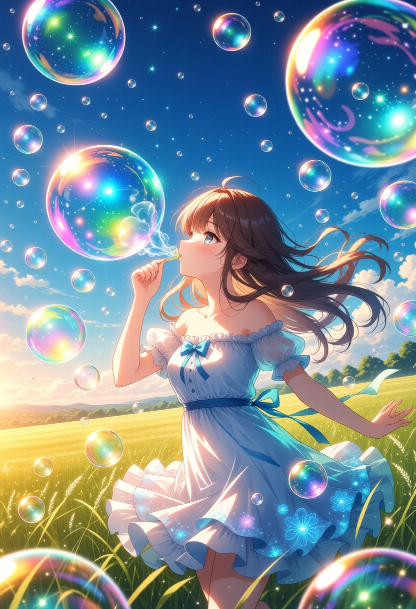 "A young woman blowing soap bubbles in an open field,  chasing after the floating spheres as they drift into the sky. Sunl...