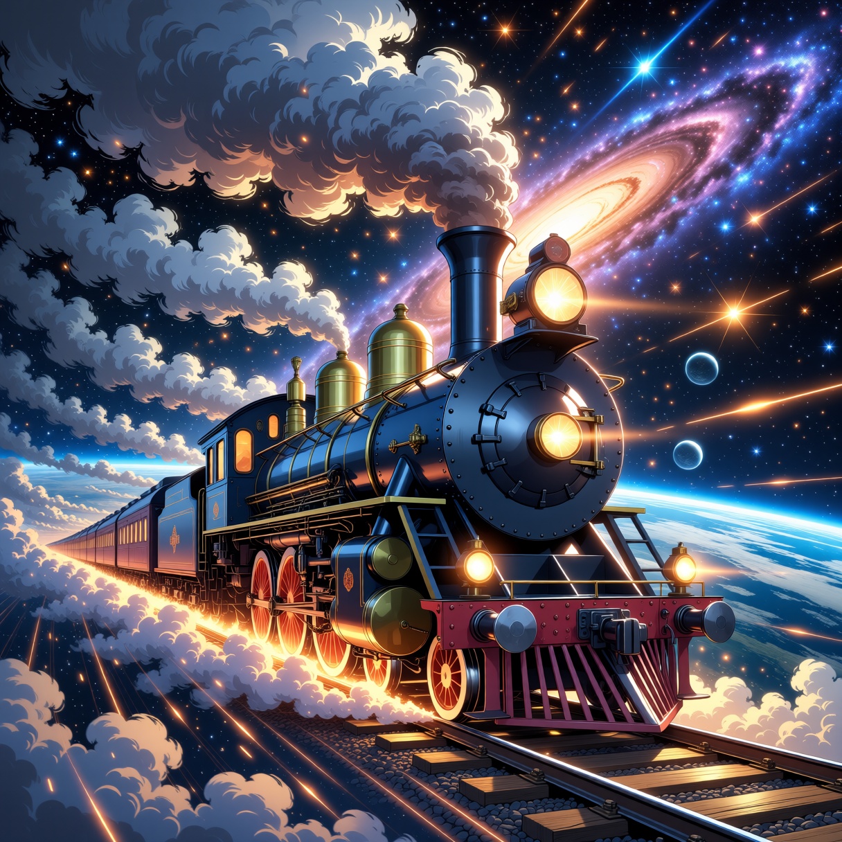 A legendary vehicle,  a steam locomotive running on rails in space,  its headlights illuminating the tracks and smoke comi...