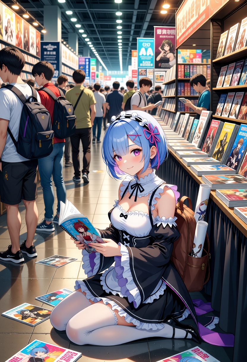 (Re:Zero's Rem costume),  An ***** woman in cosplay is sitting on the floor holding a doujinshi.,  Short Hair on Tensor.Art