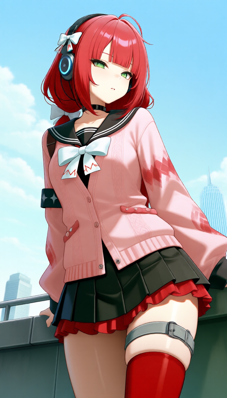 A woman with red hair styled in ahoge and blunt bangs,  wearing a pink cardigan over a black sailor collar with a white bo...