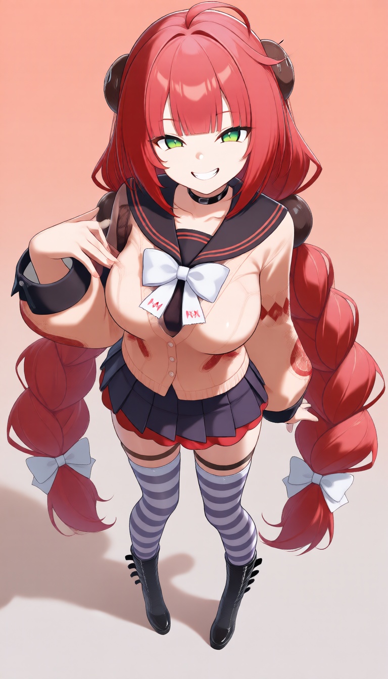 A full-body shot of Ukinami Yuzuha standing confidently in a serafuku uniform. She has green eyes,  red hair with twin bra...