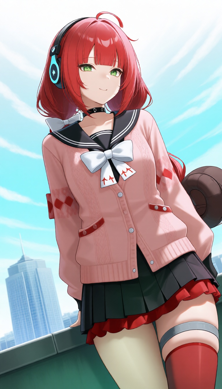A woman with red hair styled in ahoge and blunt bangs,  wearing a pink cardigan over a black sailor collar with a white bo...