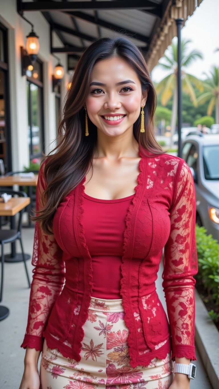 This image is a vibrant,  close-up shot of a young woman with a warm and inviting smile. She has long,  dark hair with sub...