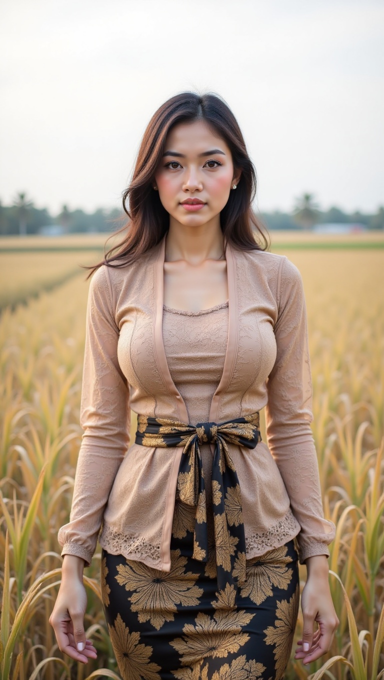 This image shows a young woman standing in a field of tall,  golden-brown grains,  likely rice or wheat. She's looking dir...