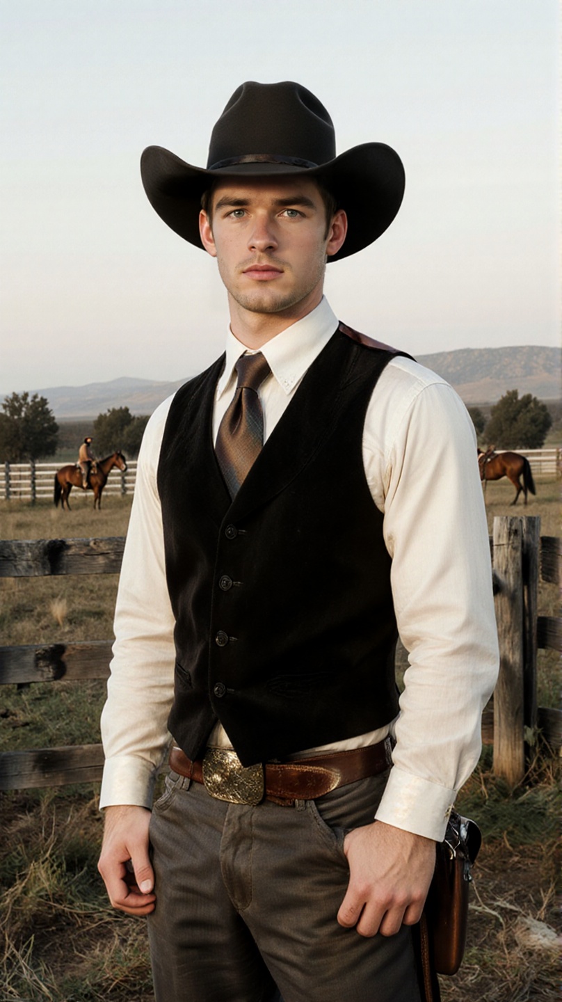 Young handsome **** cowboy from the American frontier,  standing in the ranchyard,  black hair neatly kept on Tensor.Art