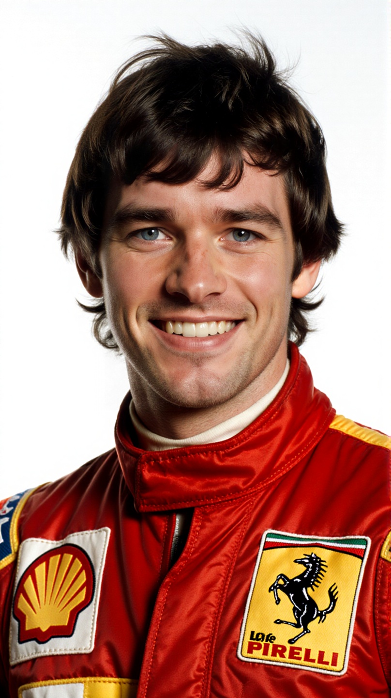 portrait of a young,  handsome rally driver from the 1980s standing confidently. He wears a red suit with detailed sponsor...