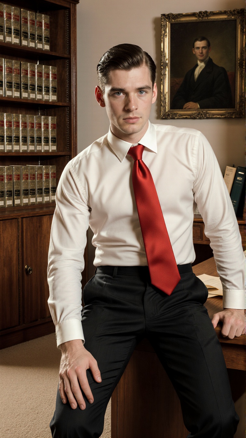 A cinematic,  editorial-style portrait of a sharply dressed thin young man in a modern library setting. Captured in a half...