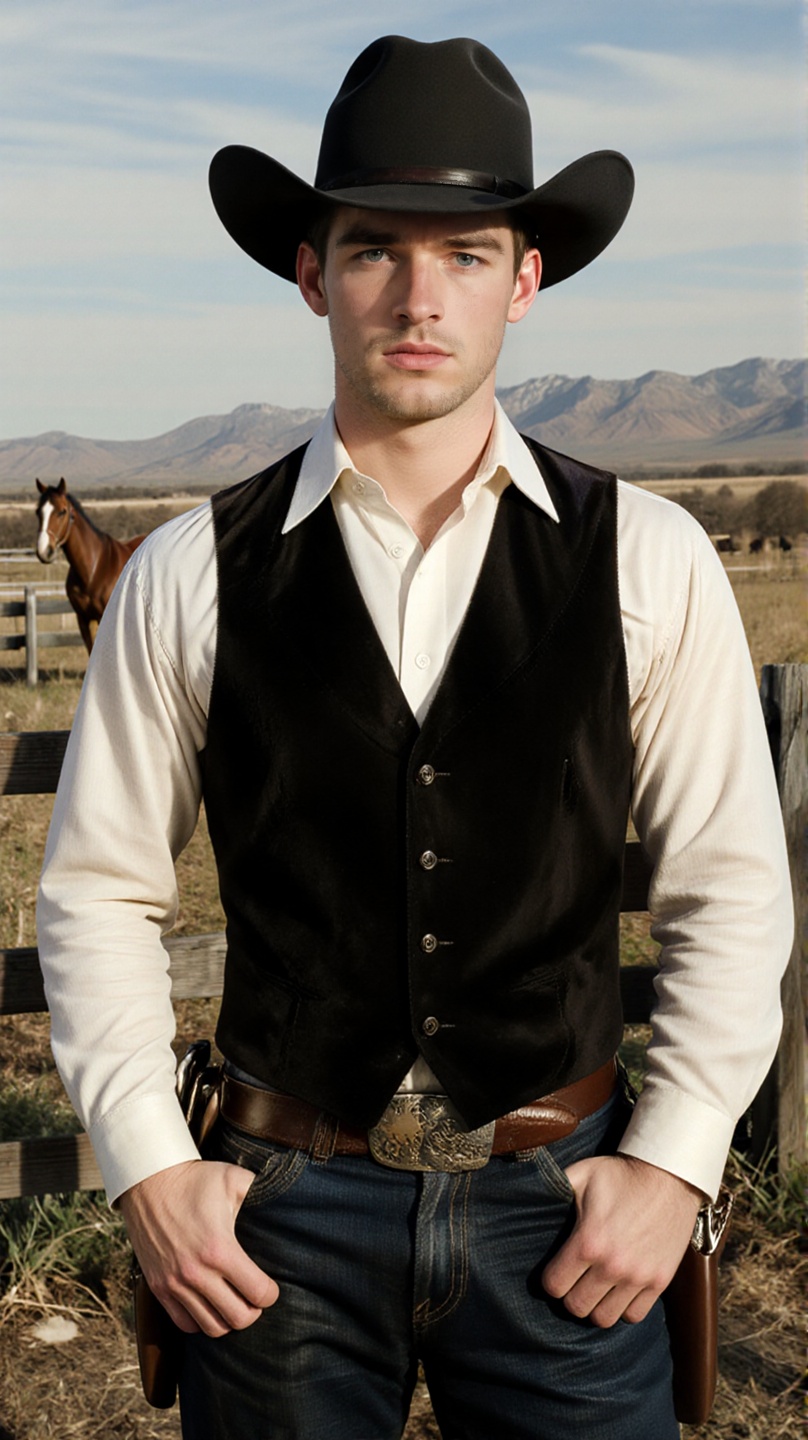 Young handsome **** cowboy from the American frontier,  standing in the ranchyard,  black hair neatly kept on Tensor.Art