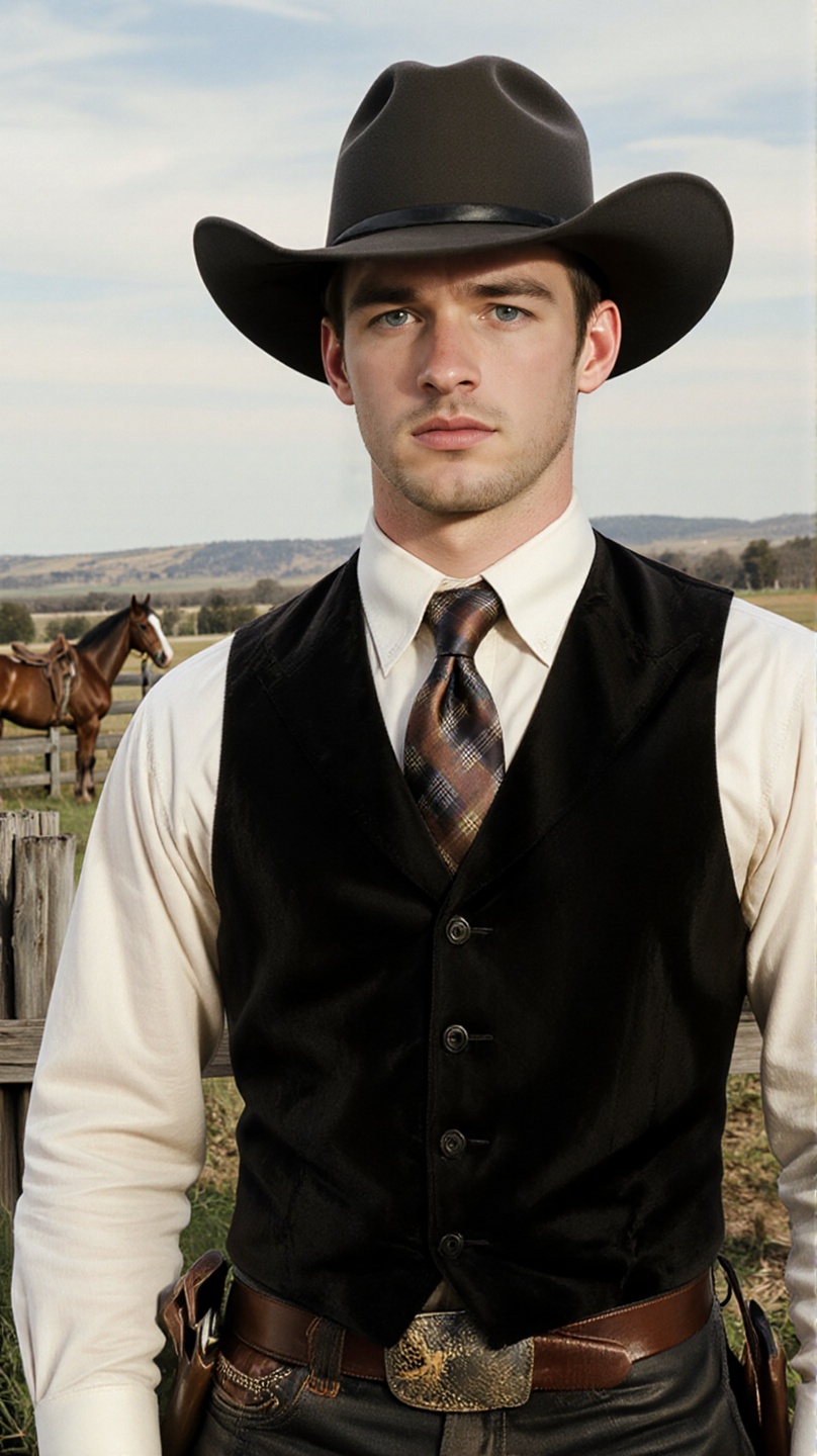 Young handsome cowboy from the American frontier,  standing in the ranchyard,  black hair neatly kept on Tensor.Art